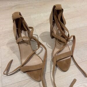 RAYE Tan Suede Lace Up Block Wood Heel Sandals Pointed Open Toe Size 39